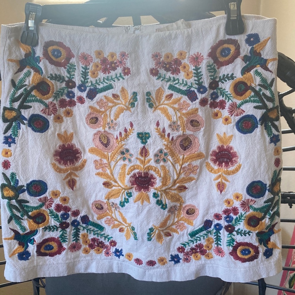 Altar'd State White Mini Skirt with Multicolor Floral Embroidery